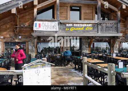 The Chalet Style Le Grand Cry Bar and Restaurant by the Slopes of the Ski Resort Les Gets in the French Alps Haute Savoie Portes du Soleil France Stock Photo