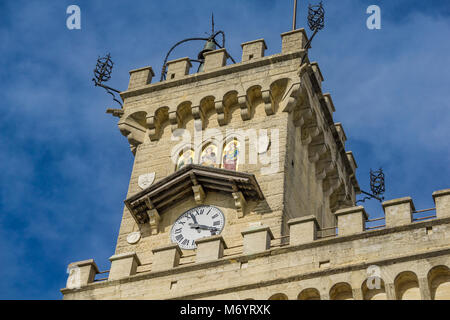 Detail of city hall Palazzo Pubblico in San Marino Stock Photo