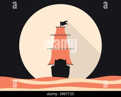 Sailing ship in the sea, flat style. Medieval sailing frigate. Retro graphics. Vector illustration Stock Vector
