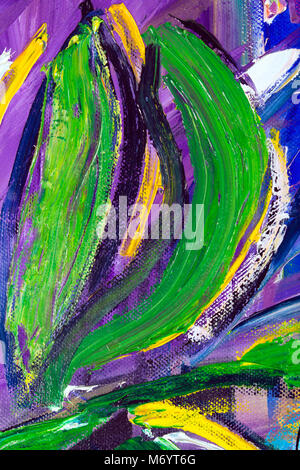 Vibrant multi-colored original oil painting semi-abstract close up detail showing brushwork and canvas textures - leaves Stock Photo