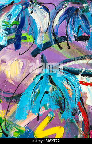 Vibrant multi-colored original oil painting semi-abstract close up detail showing brushwork and canvas textures - flowers Stock Photo