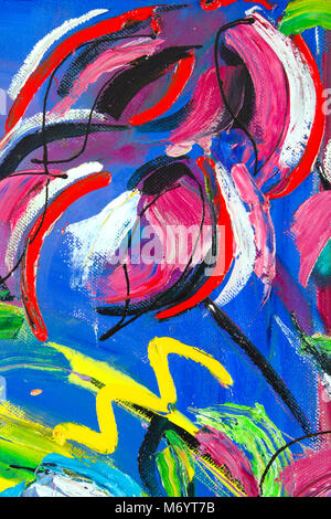 Vibrant multi-colored original oil painting semi-abstract close up detail showing brushwork and canvas textures - flowers Stock Photo