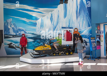 Snowmobile photo opportunity at International Antarctic Centre, Orchard Road, Harewood, Christchurch, Canterbury, New Zealand Stock Photo