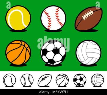 Set of six different colored cartoon sports ball icons with accompanying black and white line drawing variations on a green background with shadow for Stock Vector