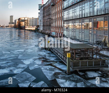 Germany ,Berlin, Watergate club Nightclub & River terrace.Frozen river Spree in Winter with Ice Floes Stock Photo