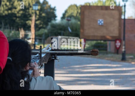 Woman Shooting Arrow on Target, Training with Crossbow. Stock Photo