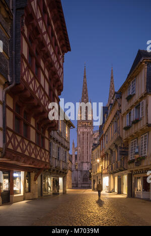 Cathedrale Saint Corentin and Rue Kereon at night in the Old Town, Quimper, Finisterre, Bretagne, France Stock Photo