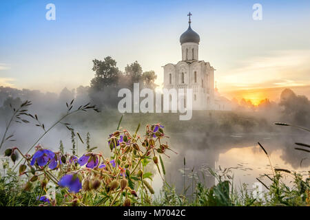 Church of the Intercession on the Nerl with meadow flowers on foreground in Bogolyubovo, Vladimirskaya oblast, Russia Stock Photo