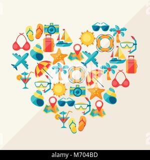 Travel and tourism background of icons in heart shape Stock Vector