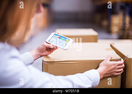 Woman warehouse worker or supervisor with smartphone. Stock Photo