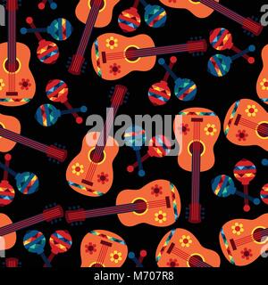 Mexican seamless pattern with guitars and maracas Stock Vector
