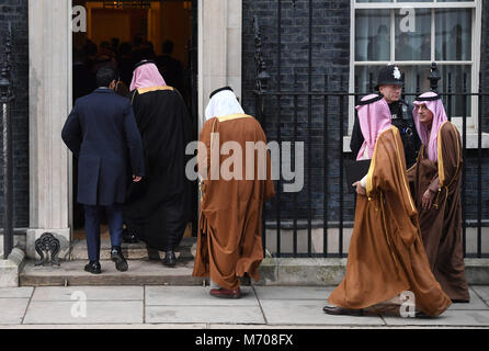 The delegation travelling with Saudi Arabia's crown prince Mohammad bin Salman arrive in 10 Downing Street on the first day of his three-day visit to the UK. Stock Photo