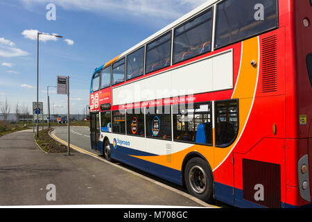 Stagecoach no. 38 service bus parked at the end of its route at Logistics North Distribution and Business Park, Bolton. Stock Photo