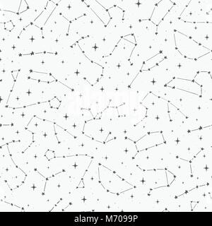 Hand drawn vector seamless pattern with zodiac constellations on the starry background. Space backdrop in sketch style. Stock Vector