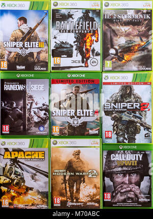 Collection of violent first-person shooter video games for Xbox 360 and Xbox One Stock Photo