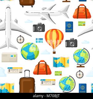 Travel seamless pattern. Traveling background with tourist items Stock Vector