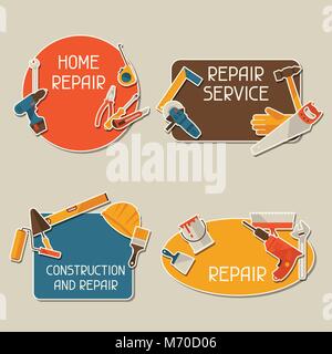 Repair and construction stickers set with working tools Stock Vector