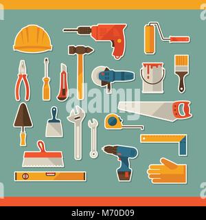 Repair and construction working tools sticker icon set Stock Vector