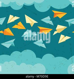 Seamless pattern of paper planes on the sky with clouds Stock Vector