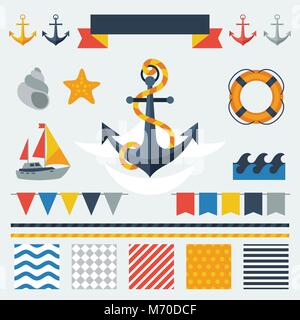 Collection of nautical symbols, icons and elements Stock Vector