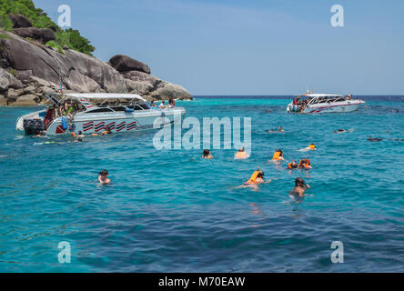 Similan Islands, Thailand, Feb 27 2015: Travelers are swimming and snorkeling in Andaman sea. Warm and Clear Ocean at Similan island on February 27, 2 Stock Photo