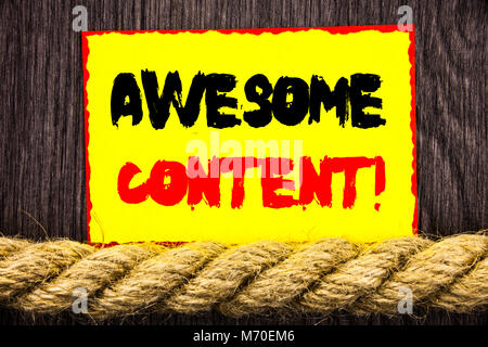 Handwritten text sign showing Awesome Content. Conceptual photo Creative Strategy Education Website Concept written Sticky note next to the rope the w Stock Photo