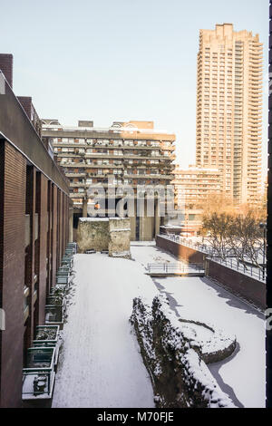 LONDON, UK -28th Feb 2018: Heavy snow falls across the Barbican caused by snow storm Emma. Stock Photo