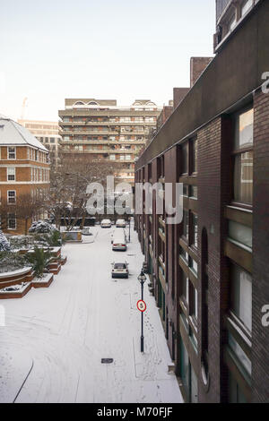 LONDON, UK -28th Feb 2018: Heavy snow falls acrossed the Barbican caused by snow storm Emma. Stock Photo