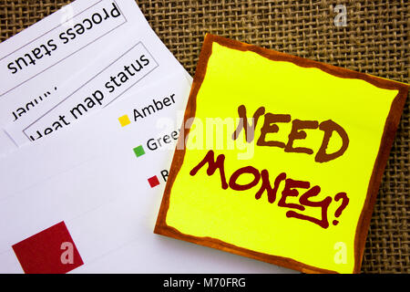 Handwritten text sign showing Need Money Question. Business concept for Economic Finance Crisis, Cash Loan Needed written Sticky Note Paper with Heat  Stock Photo