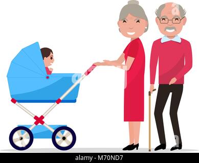 Vector cartoon grandparents with a pram, a toddler Stock Vector