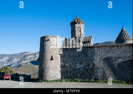 The Tatev Monastery is a 9th-century monastery located on a large basalt plateau near the Tatev village in Syunik Province in southeastern Armenia. Stock Photo