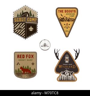 Travel badge, outdoor activity logo collection. Scout camp emblem set. Vintage hand drawn travel badge design. Stock vector illustration, insignias, rustic patches. Isolated on white background Stock Vector