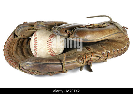 worn baseball and glove isolated on white background Stock Photo