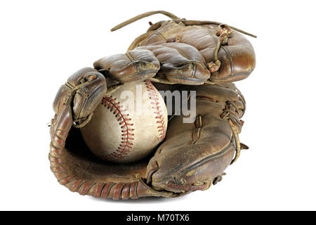 worn baseball and glove isolated on white background Stock Photo