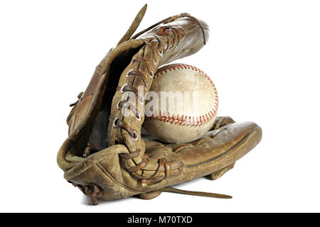 worn baseball and glove isolated on white background Stock Photo