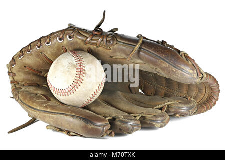 worn baseball and glove isolated on white background Stock Photo