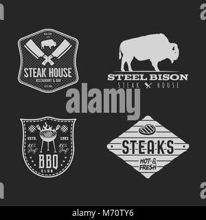 Vintage hand drawn steak house logo set, bbq party, barbecue grill badges, labels. Retro typography style. Butcher logo design with letterpress effect.Vector illustration isolated on black background. Stock Vector