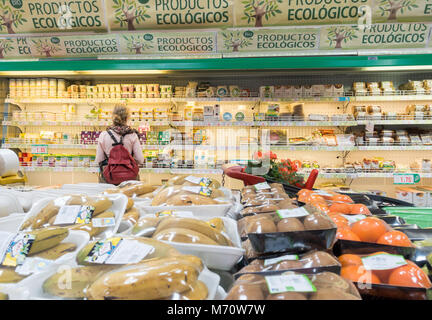 Organic food aisle in Spanish supermarket. Stock Photo