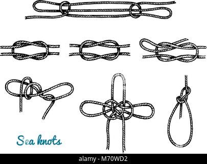 Sea rope knots in different directions for water transport. Marine sketch with ornament. engraved hand drawn, atlantic tidal wave. Tied and twisted nautical cord for Military fleet, ships and yachts. Stock Vector