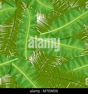 Coconut palm and Banana palm leaves seamless pattern. label template. Vector illustration with tropic motif Stock Vector
