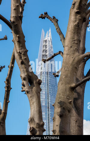 a very different and unusual viewpoint or angle of the shard modern and contemporary office building central London with trees framing the structure. Stock Photo