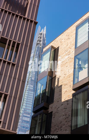 a different and unusual viewpoint or angle of the shard office building in the centre of the capital city of London. Architectural and central london. Stock Photo