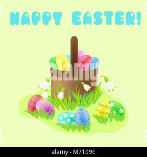 Happy Easter greeting with painted eggs and wicker basket in the green grass and spring flowers Stock Vector