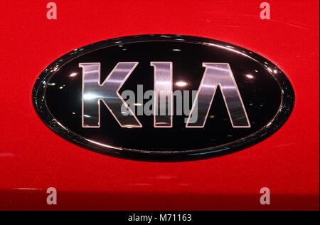 07 March 2018, Switzerland, Geneva: The logo of carmaker Kia is displayed during the 2nd Press Day at the 2018 Geneva Motor Show. The Geneva Motor Show runs from 8 March to 18 March 2018. Credit: dpa picture alliance/Alamy Live News Stock Photo