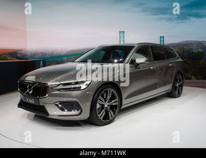 Geneva. 7th Mar, 2018. Photo taken on March 7, 2018 shows the new Volvo V60 at the 88th Geneva International Motor Show in Geneva, Switzerland. The Motor Show, which attracts more than 180 exhibitors from the world, will open to the public from March 8 to 18, 2018. Credit: Xu Jinquan/Xinhua/Alamy Live News Stock Photo