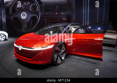 Geneva. 7th Mar, 2018. Photo taken on March 7, 2018 shows the Volkswagen concept I.D. Vizzion at the 88th Geneva International Motor Show in Geneva, Switzerland. The Motor Show, which attracts more than 180 exhibitors from the world, will open to the public from March 8 to 18, 2018. Credit: Xu Jinquan/Xinhua/Alamy Live News Stock Photo