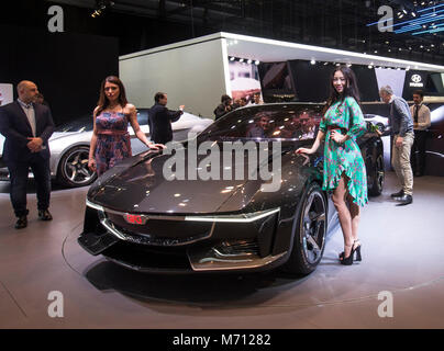 Geneva. 7th Mar, 2018. Photo taken on March 7, 2018 shows the new concept Sybilla of GFG Style at the 88th Geneva International Motor Show in Geneva, Switzerland. The Motor Show, which attracts more than 180 exhibitors from the world, will open to the public from March 8 to 18, 2018. Credit: Xu Jinquan/Xinhua/Alamy Live News Stock Photo