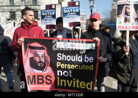 London, UK. 7th March, 2018. Protesters demonstrate on Whitehall against Saudi Crown Prince Mohammad Bin Salman official visit to the UK on 7th March 2018 in London, United Kingdom. Mohammad bin Salman started his visit to the UK with the Conservative Party and royal family rolling out the red carpet for Saudi Arabias crown prince as opposition politicians and rights groups call on the British Prime Minister to use the trip to challenge the kingdoms record on human rights. bes as the worlds worst h Credit: Michael Kemp/Alamy Live News Stock Photo