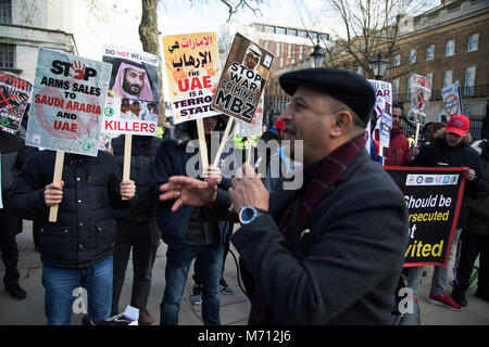 London, UK. 7th March, 2018. Protesters demonstrate on Whitehall against Saudi Crown Prince Mohammad Bin Salman official visit to the UK on 7th March 2018 in London, United Kingdom. Mohammad bin Salman started his visit to the UK with the Conservative Party and royal family rolling out the red carpet for Saudi Arabias crown prince as opposition politicians and rights groups call on the British Prime Minister to use the trip to challenge the kingdoms record on human rights. bes as the worlds worst h Credit: Michael Kemp/Alamy Live News Stock Photo