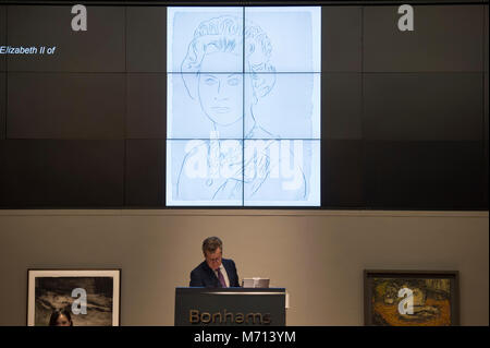 Bonhams, New Bond Street, London, UK. 7 March 2018. Andy Warhol’s Reigning Queens: Queen Elizabeth II of the United Kingdom sells for £28,000 in Bonhams Post-War & Contemporary Art sale. Credit: Malcolm Park/Alamy Live News. Stock Photo